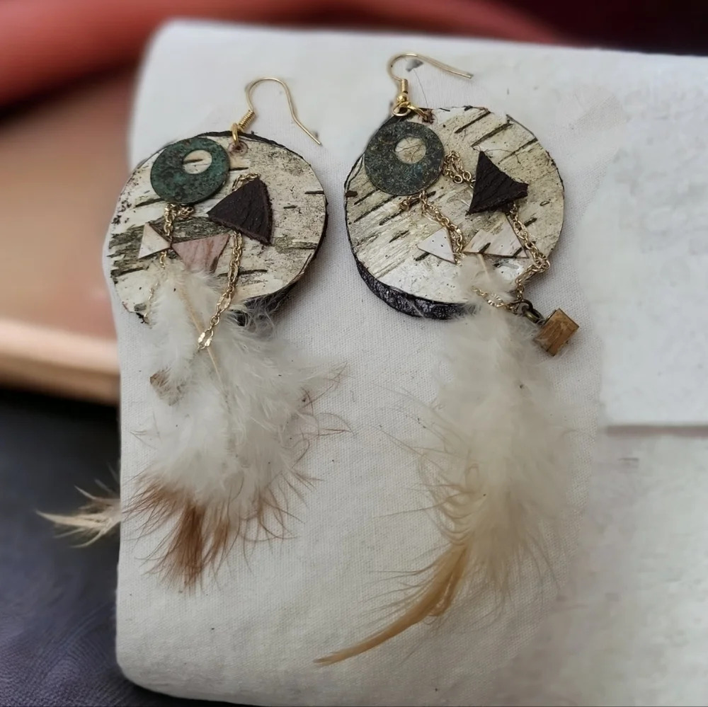 Circle White Birch Feather Leather Chain Wood Earrings